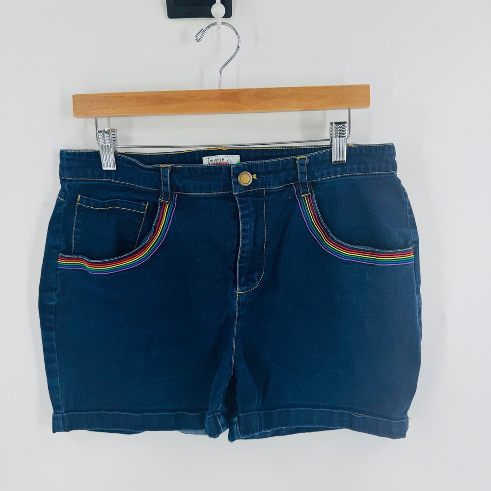 Fervour Dark Wash Rainbow Embroidered‎ Denim Shorts Size L Pride Cuffed Retro